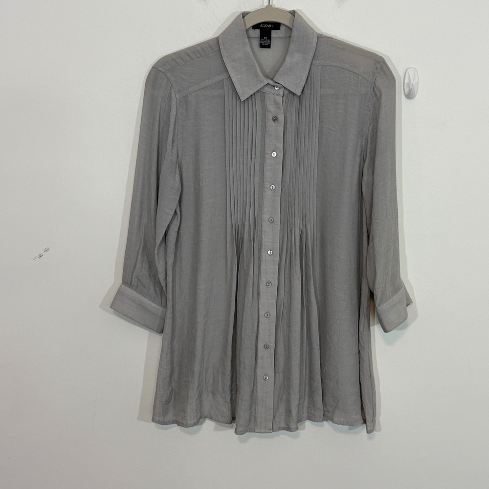 Alfani Women Blouse XS Gray Sheer Pleated Button Down Career Minimalist Pin Tuck